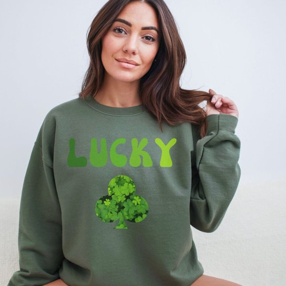 Lucky Sweatshirt Saint Patric's Day College Sweatshirt Military Green Shirt - Picture 5 of 10